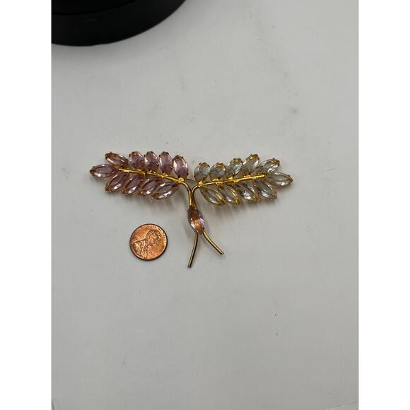 Gold Tone Pink and Clear Acrylic Rhinestone Branch Leaf Spray Large Brooch - Picture 7 of 7